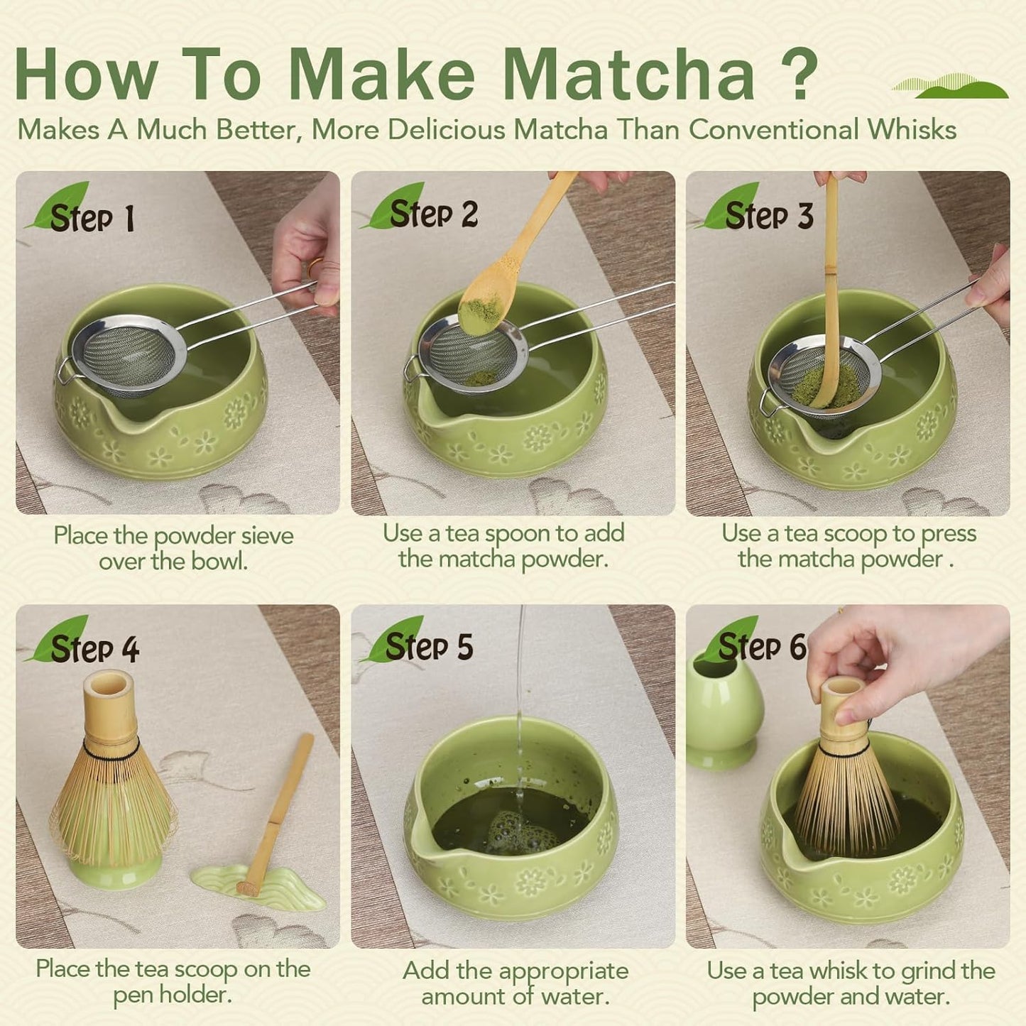 Matcha Whisk Set, Ceramic Matcha Set with Bowl, Chasen Holder, Scoop Rest, Sifter, 8-Pcs Japanese Ceremony Matcha Kit–Matcha Lovers Gift for Women Mom Girl Friend-Matcha Green