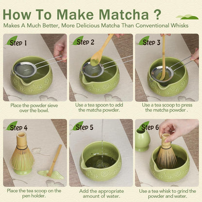 Matcha Whisk Set, Ceramic Matcha Set with Bowl, Chasen Holder, Scoop Rest, Sifter, 8-Pcs Japanese Ceremony Matcha Kit–Matcha Lovers Gift for Women Mom Girl Friend-Matcha Green