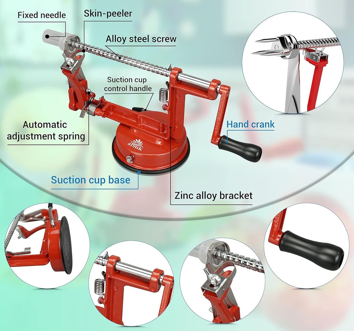 ARSUK Apple Peeler Corer Slicer with Suction Base – 3-in-1 Heavy Duty Cast Iron Hand Crank Machine for Potatoes & Pears – Stainless Steel Blades, Adjustable Arm, Quick Peeling & Spiral Slicing Tool