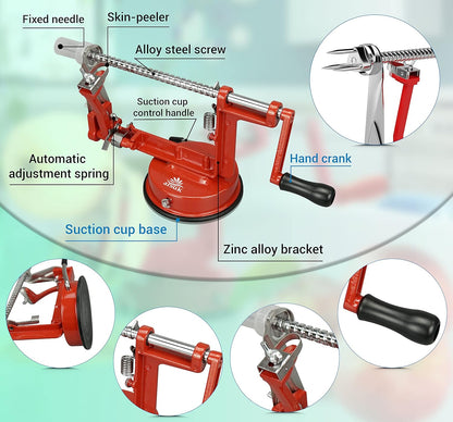 ARSUK Apple Peeler Corer Slicer with Suction Base – 3-in-1 Heavy Duty Cast Iron Hand Crank Machine for Potatoes & Pears – Stainless Steel Blades, Adjustable Arm, Quick Peeling & Spiral Slicing Tool