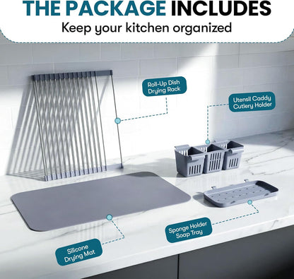 Havenity™ Expandable Roll Up Dish Drying Rack for Small Sinks - Expandable 12.8 to 22.8 Inch Over Sink Rack, Fits Apartments, RVs and Office Kitchens, Stainless Steel, 2 Baskets