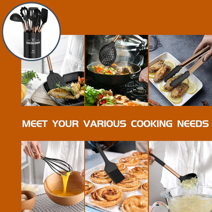 Silicone Cooking Utensil Set, Umite Chef 15pcs Silicone Cooking Kitchen Utensils Set, Non-stick - Best Kitchen Cookware with Stainless Steel Handle - Black Kitchen Utensils