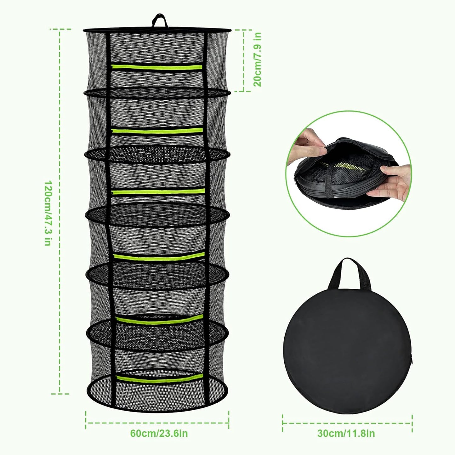 MEKOLIFE Herb Drying Rack Hanging-8 Layer, Collapsible Large Capacity Mesh Net with Green Zipper, Hooks & Bonus Garden Scissors, for Fresh Herbs/Flowers/Plants, Indoor Outdoor Use (23.62")