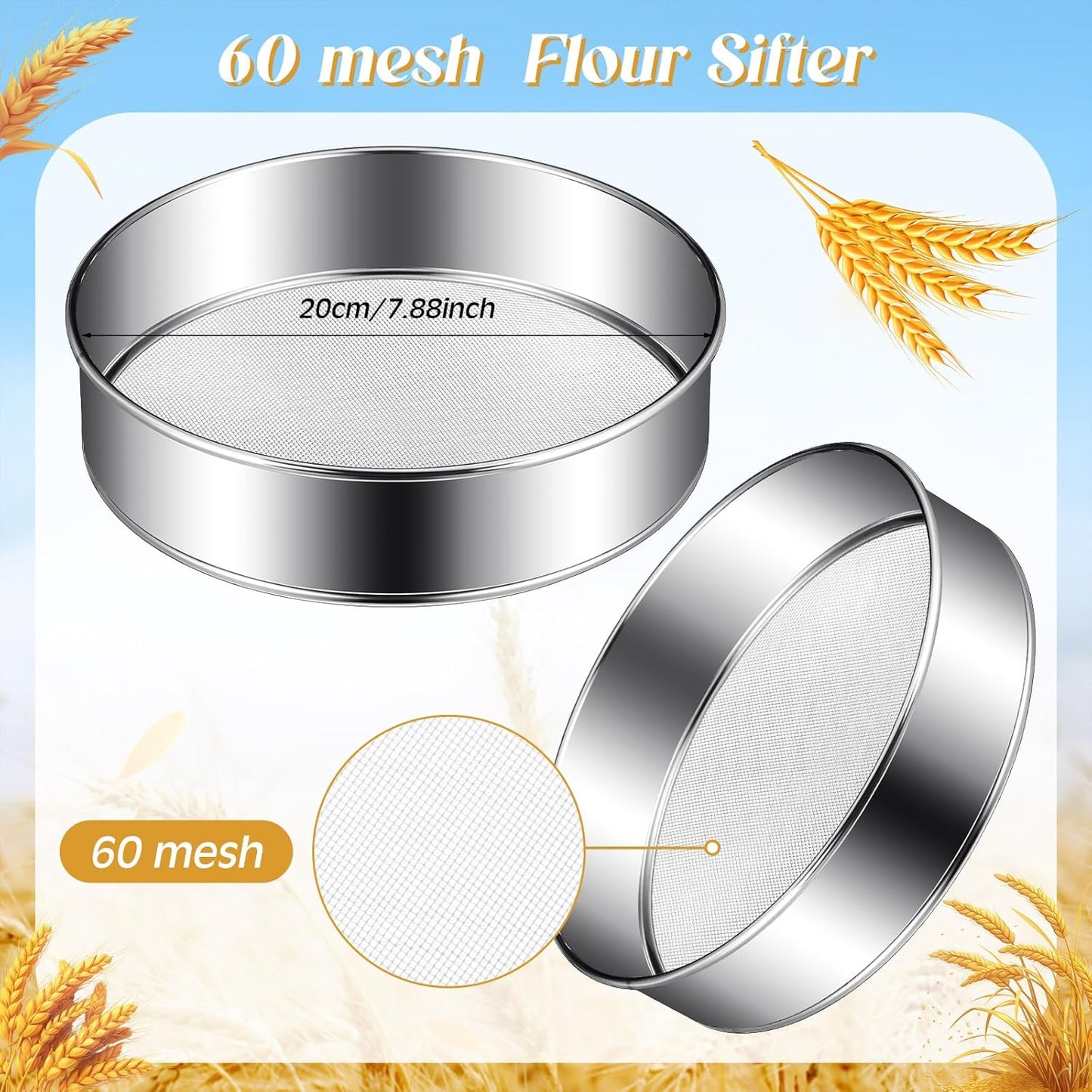 Patelai 1 Pc Stainless Steel Round Flour Sifter Sieve Fine Mesh for Bake Decorate Cakes, Pies, Pastries, Cupcakes (8 Inch 60 Mesh)