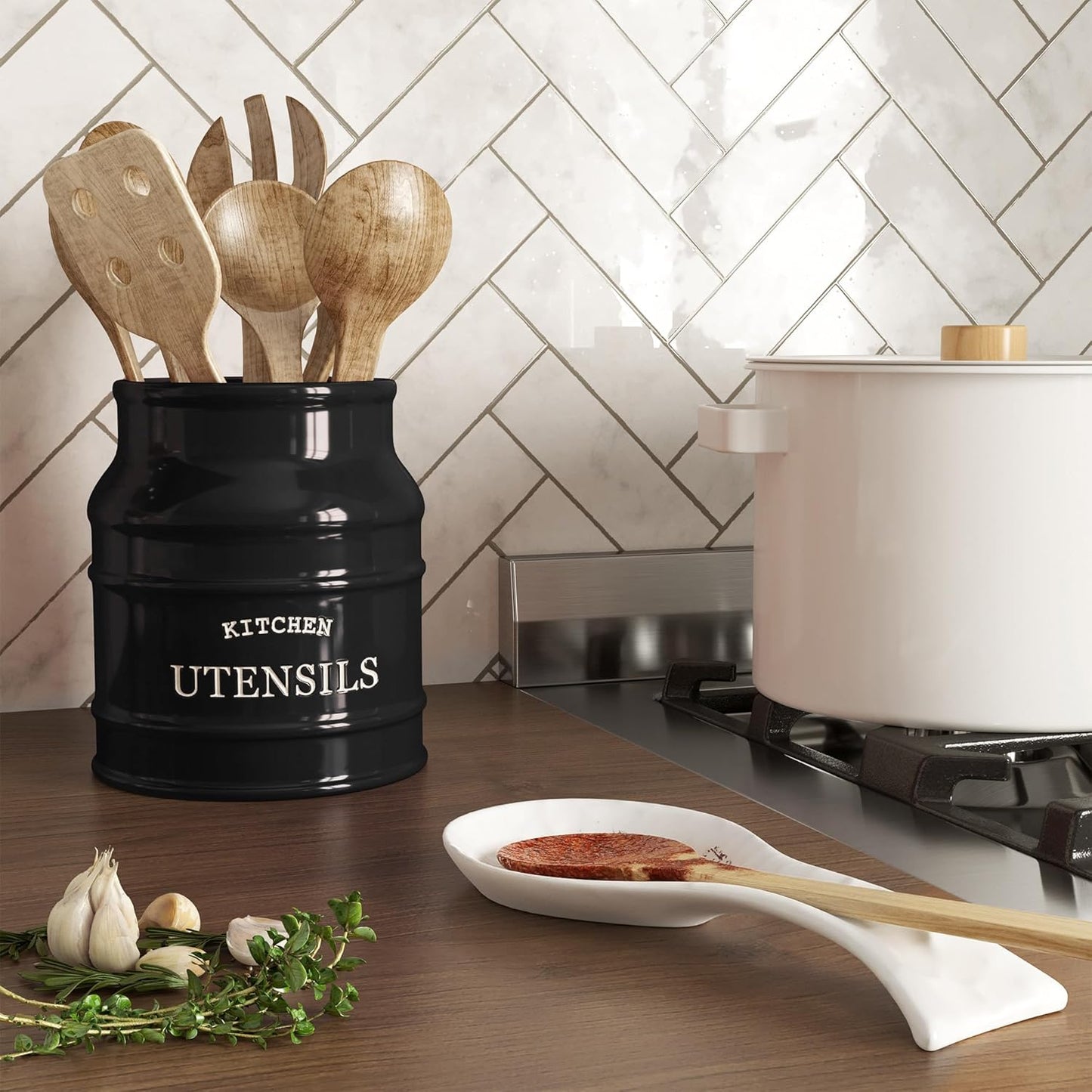Barnyard Designs Ceramic Farmhouse Utensil Holder for Kitchen Counter, Large Rustic Utensil Crock, Countertop Cooking Tool Spatula Organizer, 6.75” (Taupe)