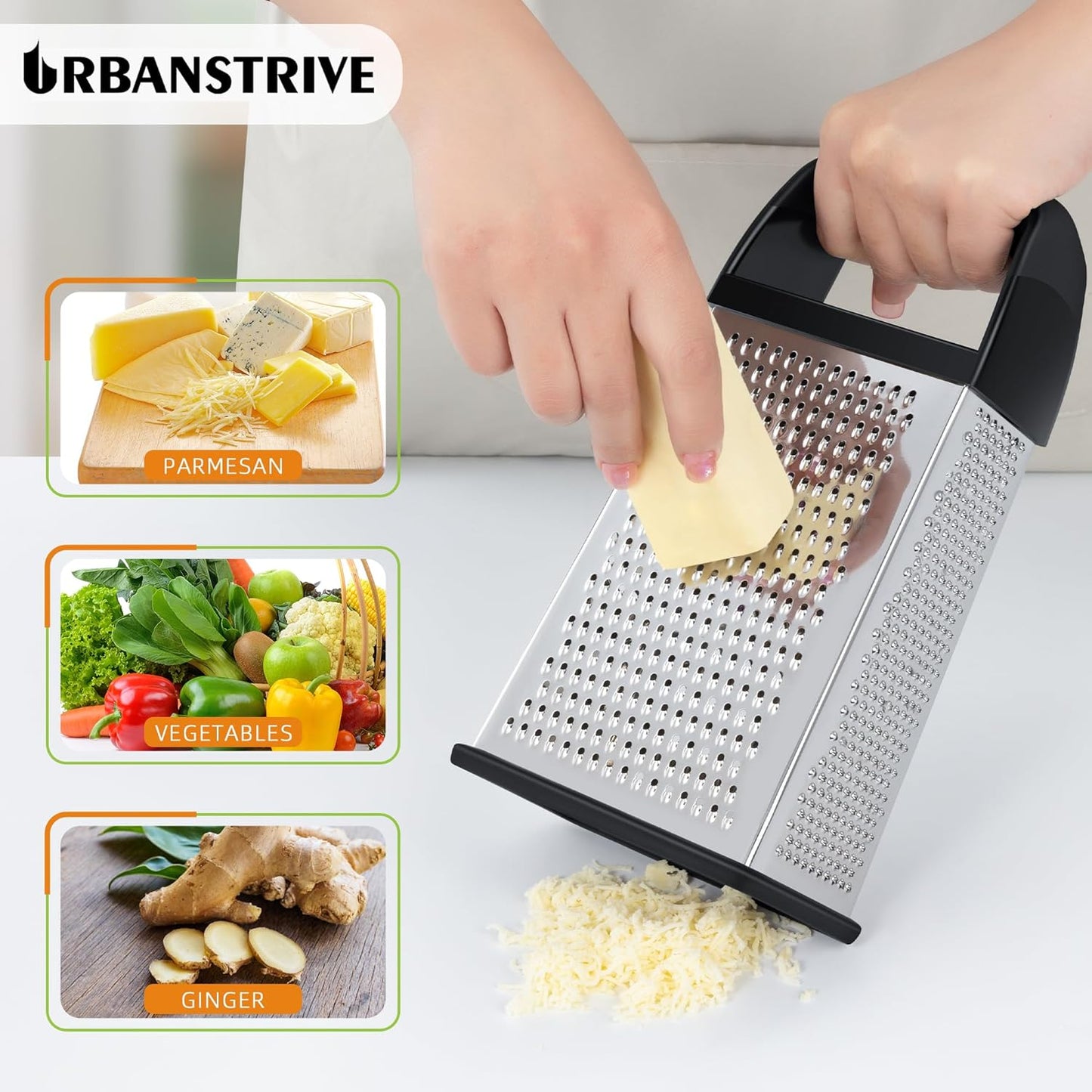 Urbanstrive Cheese Grater With Container, Professional Cheese Grater with Handle, Stainless Steel Graters for Kitchen Handheld, Box Grater with 4 Sides for Vegetables, Ginger, Potatoes (Blue)