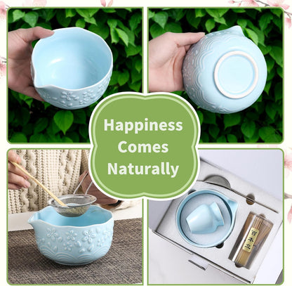 Matcha Whisk Set, 5 Pcs Ceramic Matcha Set, Matcha Kit Set Includes Matcha Bowl, Matcha Whisk and Holder, Bamboo Scoop and Sifter, Matcha Tea Set, Ideal Gift for Family/Friend (Pink)