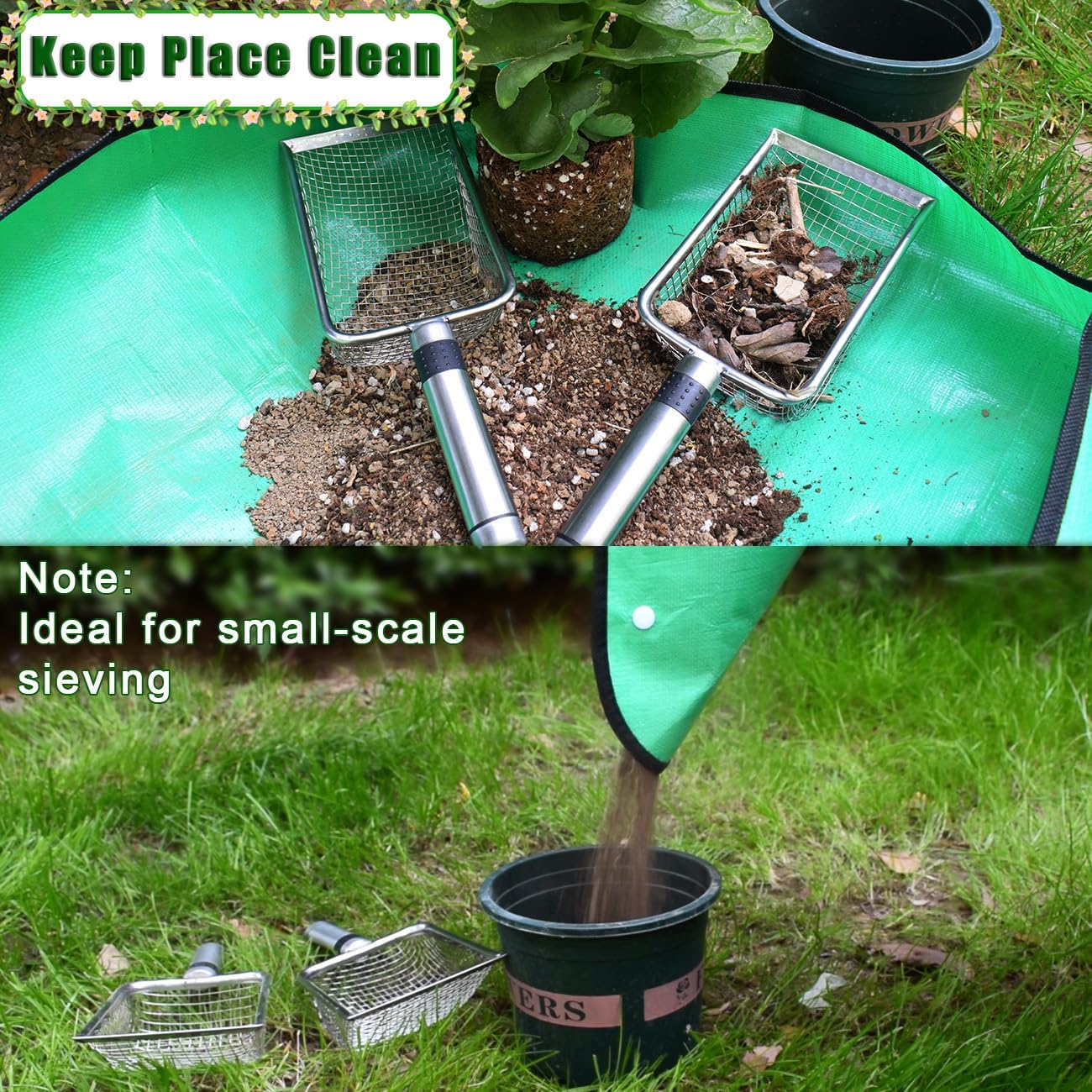 Soil Sifter for Gardening, 4 Pack Garden Sifter Shovel with Repotting Mat, 2/2.8/3.8/5mm Mesh Sieve, Compost Sifter Shovel for Sand, Rocks, Ideal for Small-Scale Soil Sieving