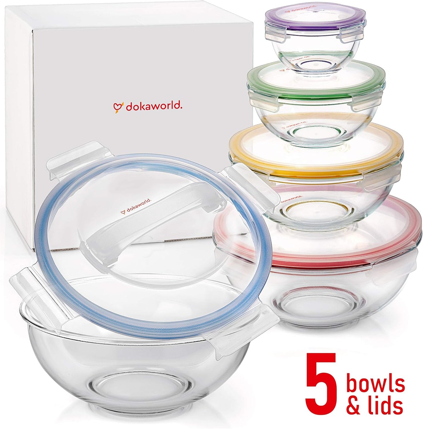 Set of 5 Nesting Glass Bowls with New Updated Acacia Lids for Foodprep, Storage, Mixing & Cooking - Microwave & Oven-ready BPA Free Durable Heat Resistant Inert Borosilicate Glass