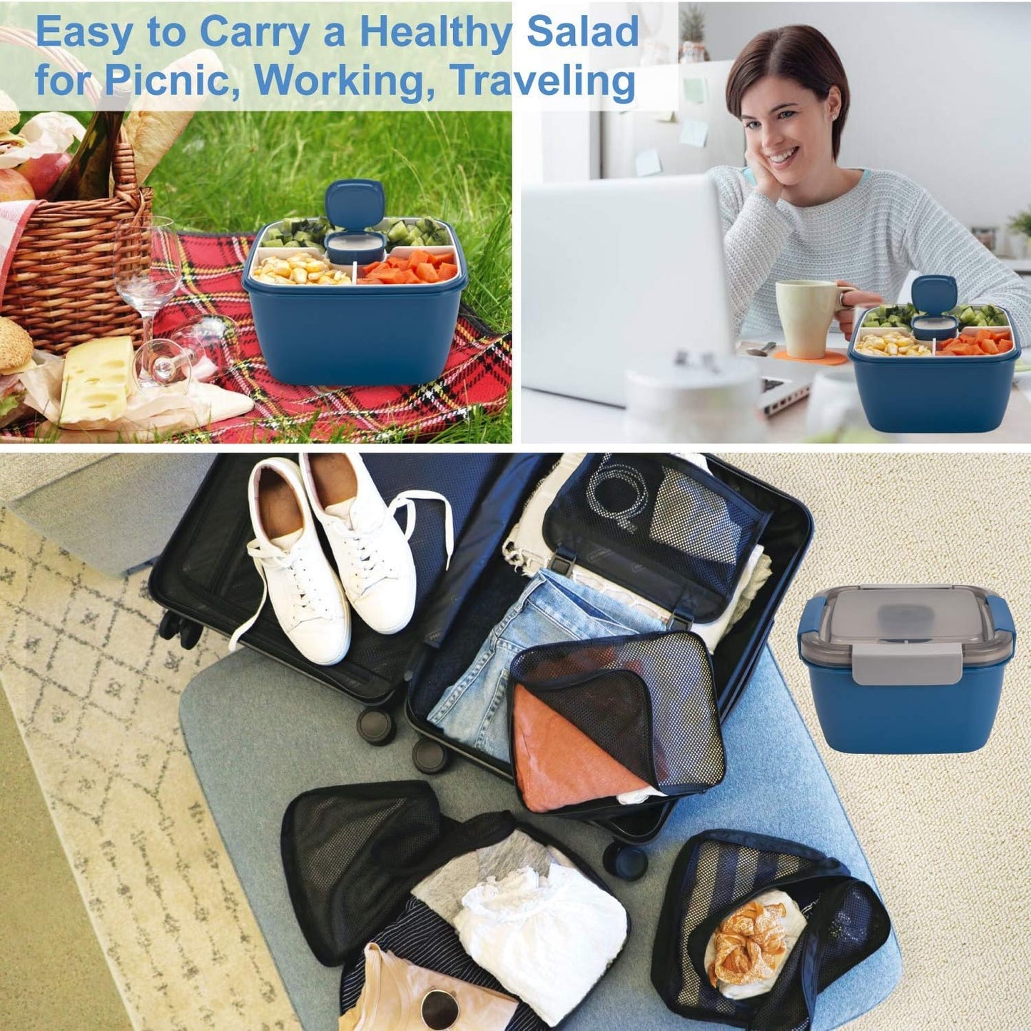 Freshmage Salad Lunch Containers To Go, 2 Pack 52-oz Bowls with 3 Compartments, Dressing Containers for Toppings, Snacks - Pink & Green