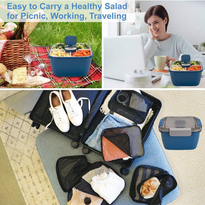 Freshmage Salad Lunch Containers To Go, 2 Pack 52-oz Bowls with 3 Compartments, Dressing Containers for Toppings, Snacks - Pink & Green