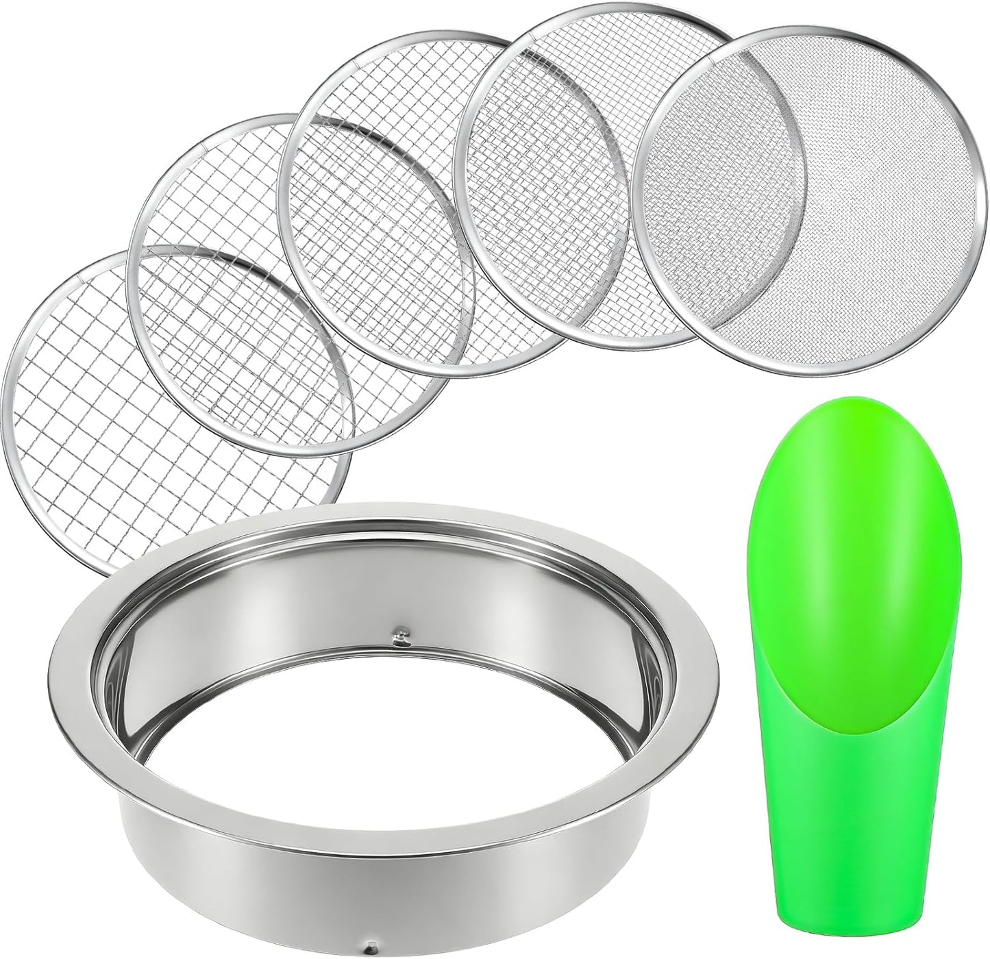 Soil Sieve Set Stainless Steel Garden Soil Sifter, Compost Mesh Sifter with 5 Interchangeable Mesh 1/3/6/9/12mm and Soil Scoops for Sand, Bonsai Soil, Rock, Filtration