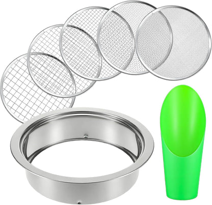 Soil Sieve Set Stainless Steel Garden Soil Sifter, Compost Mesh Sifter with 5 Interchangeable Mesh 1/3/6/9/12mm and Soil Scoops for Sand, Bonsai Soil, Rock, Filtration