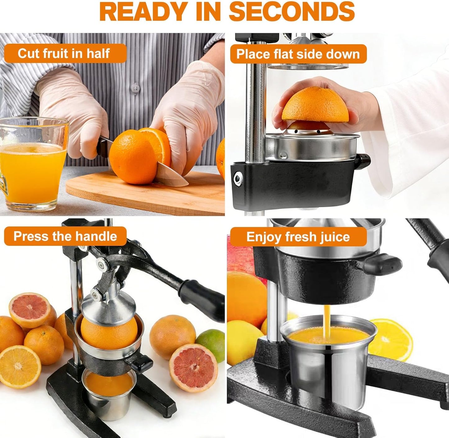 Cast Iron Citrus Juicer - 13.8LB Heavy Duty Manual Orange Press, 304 Stainless Steel Cup & Strainer, Professional Lemon Grapefruit Pomegranate Squeezer for Home Bar Kitchen, Orange