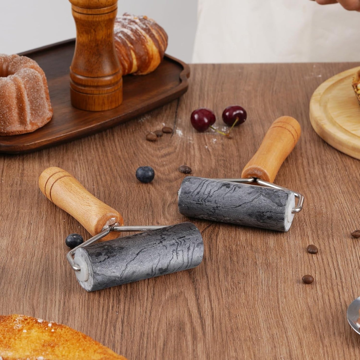 Small Marble Rolling Pin Pizza Roller with Dough Scraper Cutter, Marble Roller Non-Stick T-Type, For Cake Baking Tortilla Fudge Pizza Cookies and Other Kitchen Baking Cooking(White)