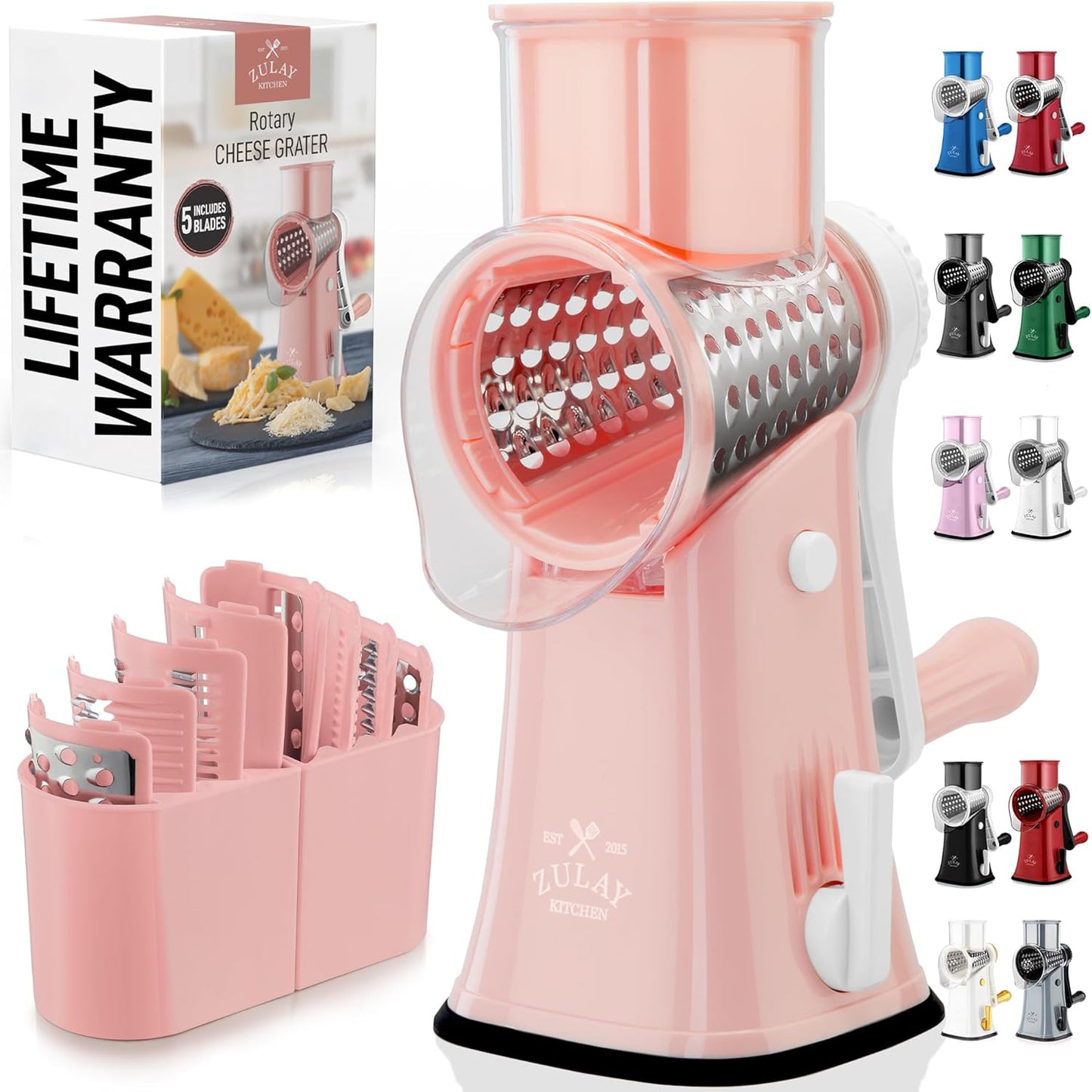 Zulay Kitchen Rotary Cheese Grater 5 Blade Cheese Shredder - Manual Hand Crank Cheese Grater With Reinforced Suction & 5 Interchangeable Drums - Easy to Use, Vegetable Chopper Round Mandoline Slicer - Colors A