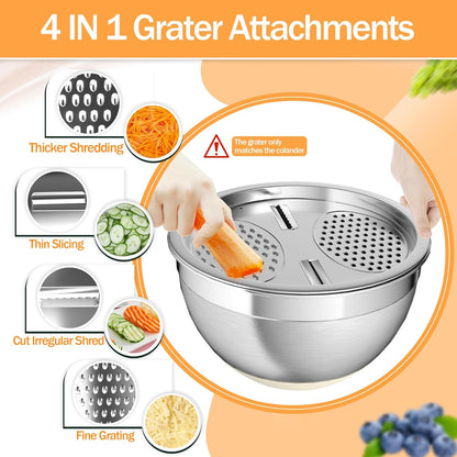 Nicdiet Mixing Bowls with Airtight Lids, Stainless Steel Mixing Bowl Set with 3 Metal Nesting Bowls, Colander & Grater, Non-Slip Bottoms, Size 1.5, 2.5, 5 QT, Great for Mixing & Serving, Khaki