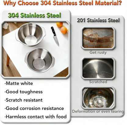 304 Stainless Steel Colander, 2.5 QT Capacity and 2.5 QT Mixing Bowl, Micropore Strainer for Washing Rice, Fruit, and Veggies, Perfect Draining for Cooked Pasta