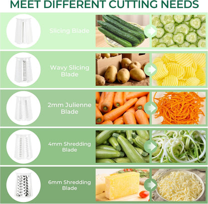 SUSTEAS Rotary Cheese Grater with Handle - Vegetable Shredder with 5 Well-designed Blades & Strong Suction Base,Round Mandoline Slicer & Food Chopper for Kitchen,with Blade Storage Box(Beige)