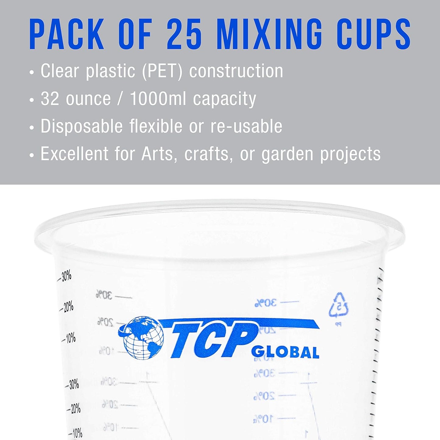 TCP Global 32 oz. (1000ml) Graduated Plastic Mixing Cups (Box of 50) - Disposable Plastic Measuring Cups for Liquids, Paints, Resin, Epoxy, Art, Kitchen - Ratios 2-1, 3-1, 4-1 ML