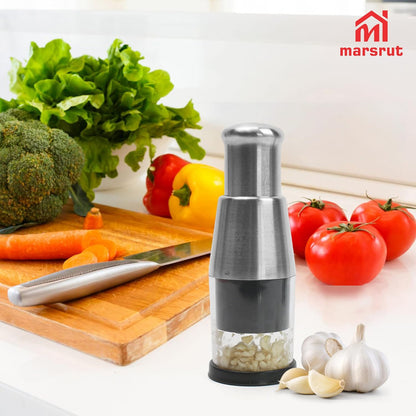 Pressed Garlic Chopper Stainless Steel, Mini Manual Masher Crusher, Multifunctional Handheld Pressure Choppers Aid, Hard Compact Mincing Dicer Press Purpose for Kitchen Food Vegetable Onion, Silver
