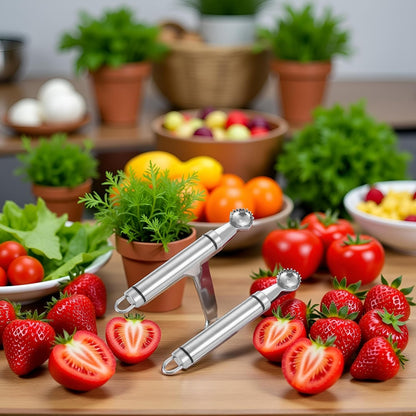 2Pcs Silver Stainless Steel Strawberry Huller Multi-Function Stainless Corer and Pitter Remover for Strawberry, Vegetable and Fruit Corer Practical Kitchen Tool, Tomato Stem Corers Tool Tomato