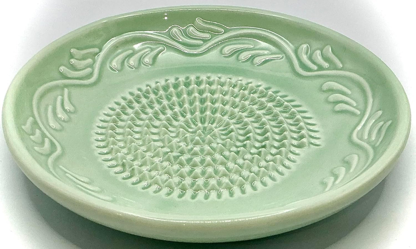 BonCera, All-in-one Premium Ceramic Garlic Grater Plate 4-Piece Set - Turquoise Floral Edge Design - For Garlic, Ginger, Chocolate, and more! - Comes with 5" Plate, Garlic Peeler, Brush, and Stand