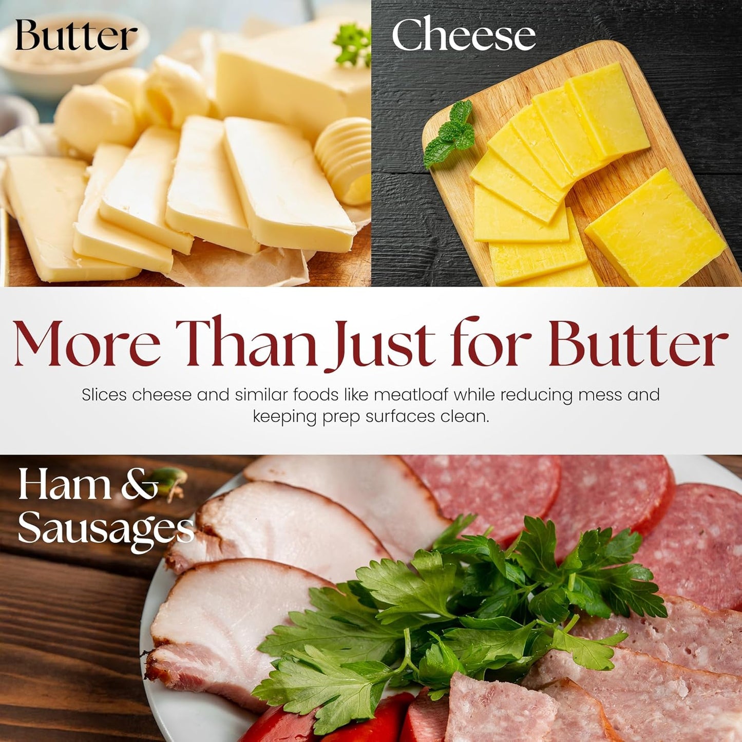Butter and Cheese Slicer Cutter with Wooden Tray Multipurpose Handheld Butter Cheese, Egg, and Other Soft Food Cutter Dishwasher Safe 1/4 inch slicer Perfect for Holiday Entertaining