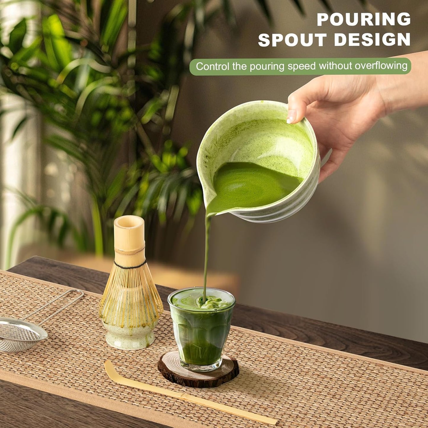 Dayacoco Matcha Whisk Set,Ceramic Matcha Kit Set Includes Bowl with Spout, Whisk,Holder,Bamboo Scoop and Sifter,5 pcs Matcha Tea Kit for Matcha Lovers, Ideal Gift for Christmas, Birthday (Green)