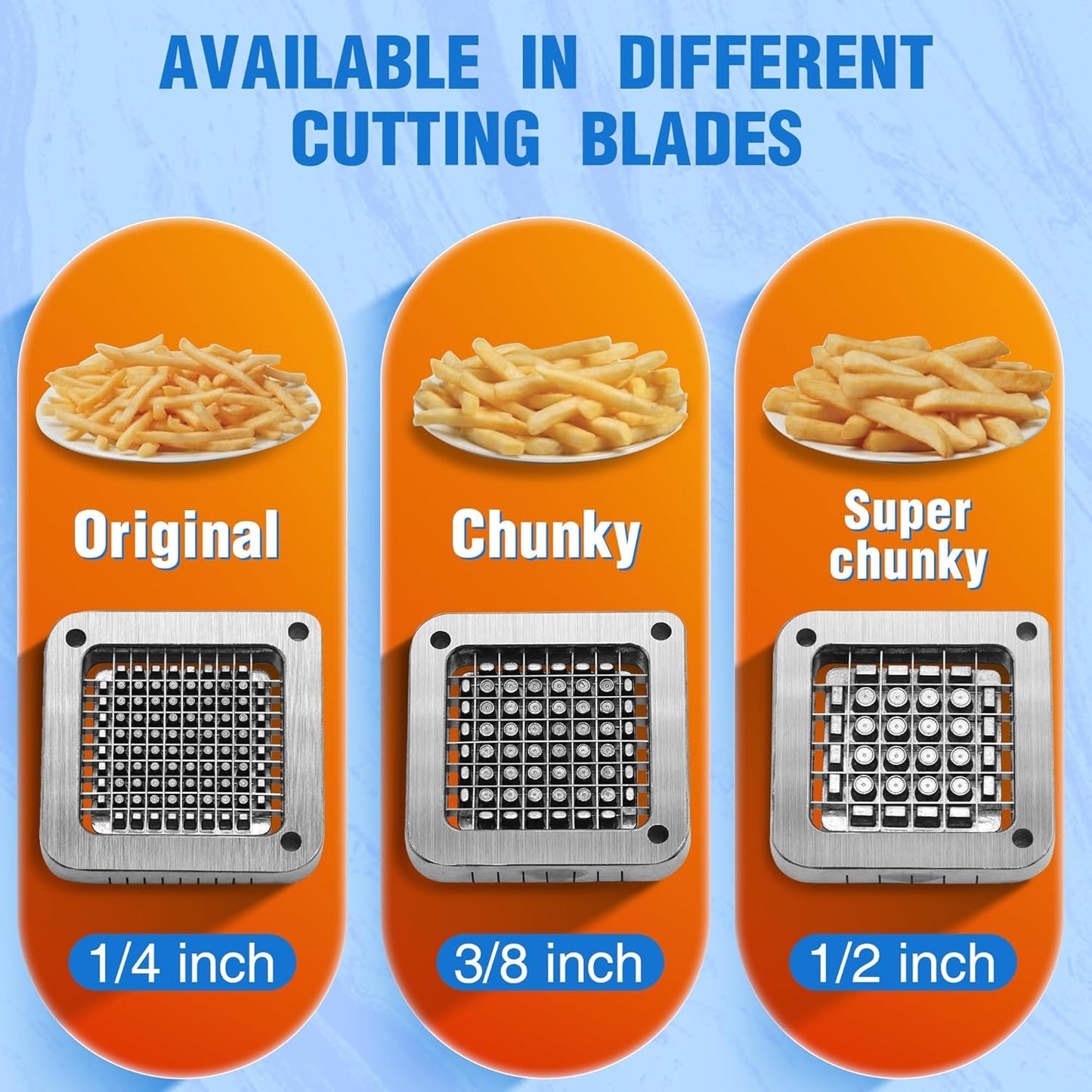 French Fry Cutter for Potatoes, Stainless Steel Potato Cutter for Fries with 1/2", 3/8", 1/4" Replaceable Blades, Glove, and Brush