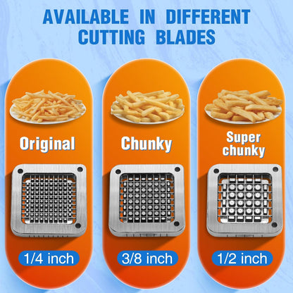 French Fry Cutter for Potatoes, Stainless Steel Potato Cutter for Fries with 1/2", 3/8", 1/4" Replaceable Blades, Glove, and Brush