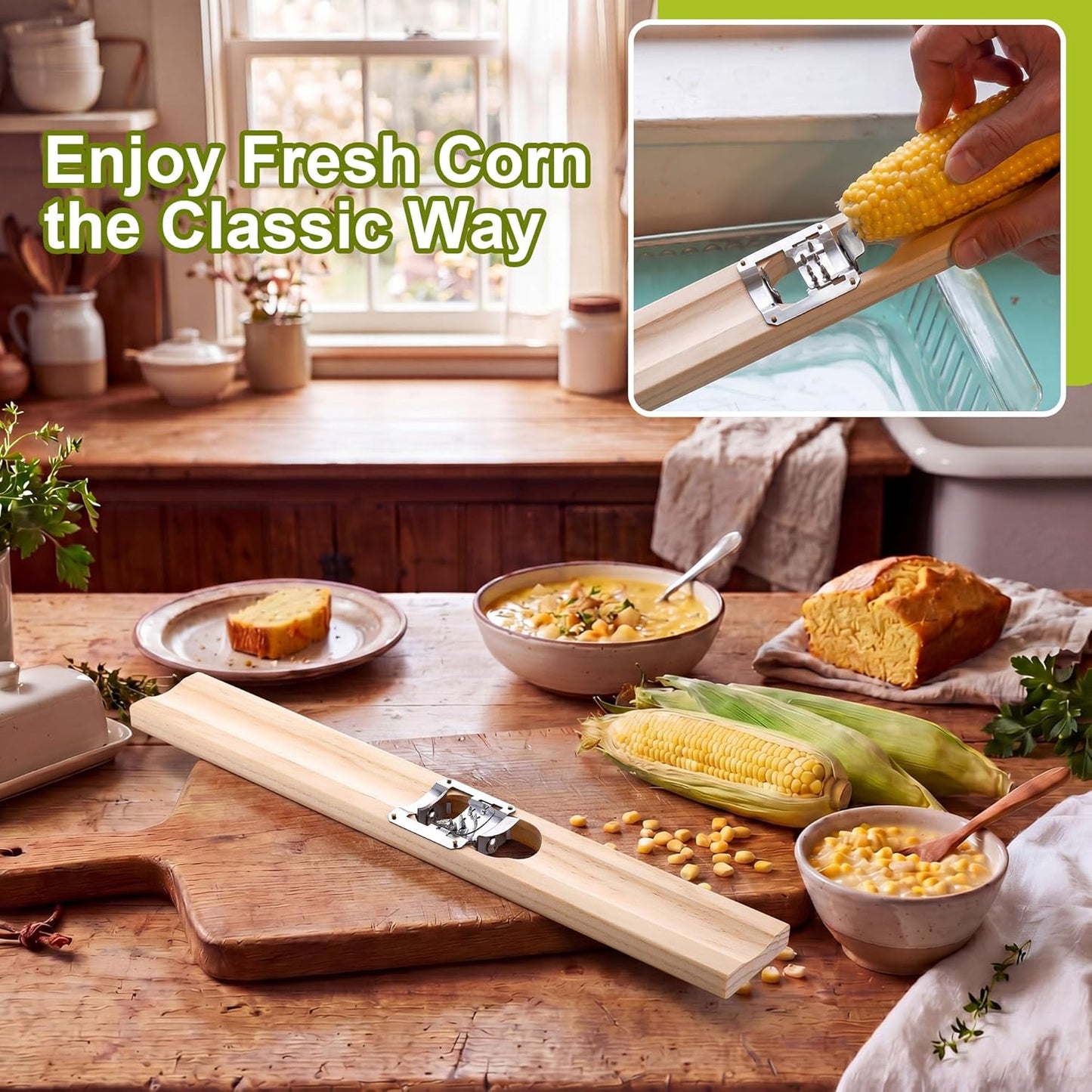 Wood Corn Cutter and Creamer, 16 Inch Adjustable Stainless Steel Corn Cob Tool, Easy to Use for Home Kitchen & BBQ