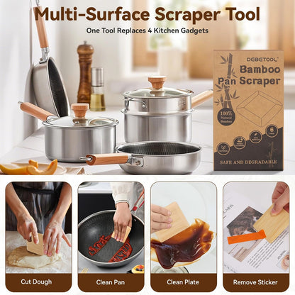 DEBETOOL 6-Pack Natural Bamboo Pan Scraper & Pot Scraper - Non-Scratch Dish Scraper for Cast Iron，Stainless Steel & Ceramic Cookware - Food Scraper Tool