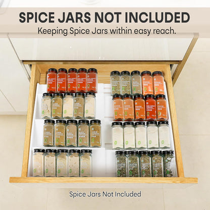 Bamboo Spice Drawer Organizer, (Need 3.1” Deep Drawer) Expandable 4 Tier Spice Rack for Cabinet (From 12" to 23" Wide), Seasoning Storage Insert, Spice Organizer for Drawer,Jars Not Included
