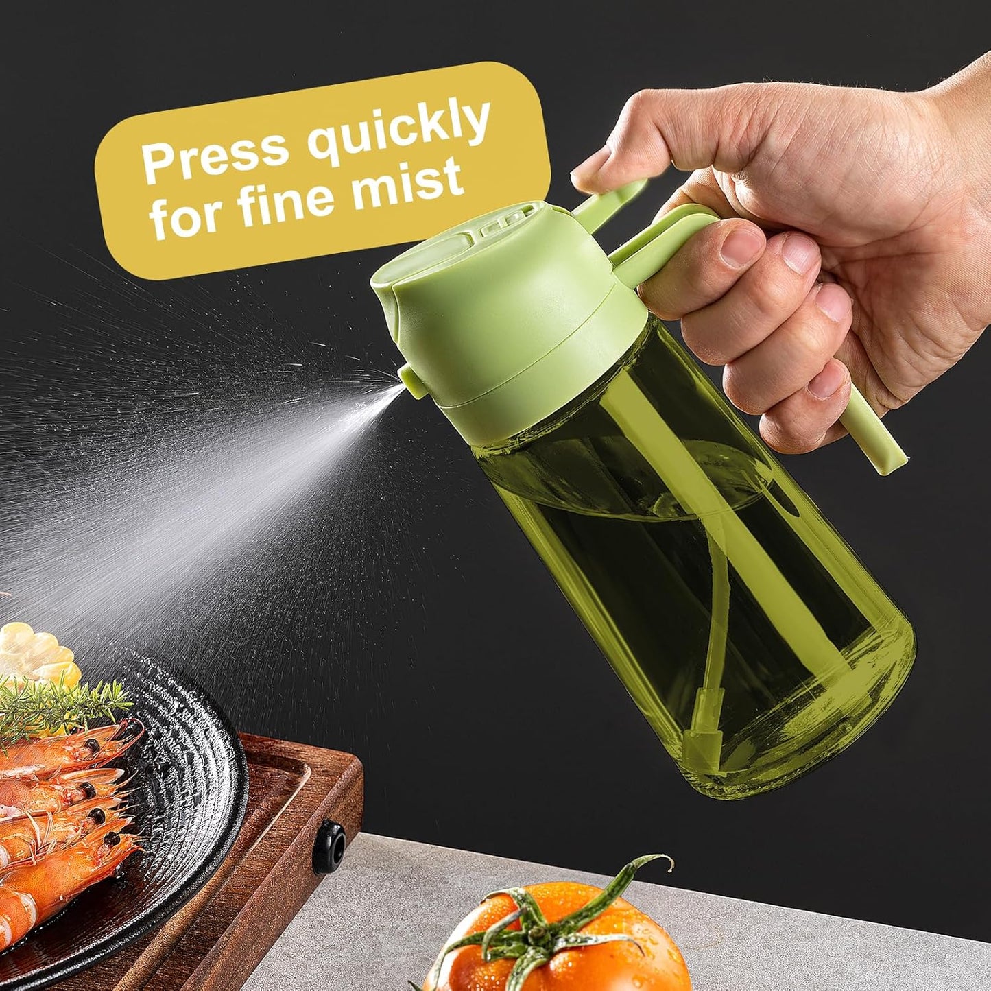 CXINYI - 16oz/470ml Olive Oil Dispenser for Kitchen with Stickers - 2 in 1 Olive Oil Sprayer for Cooking, Air Fryer, and Salad, Black&Green (Light-Proof Kitchen Gadget)