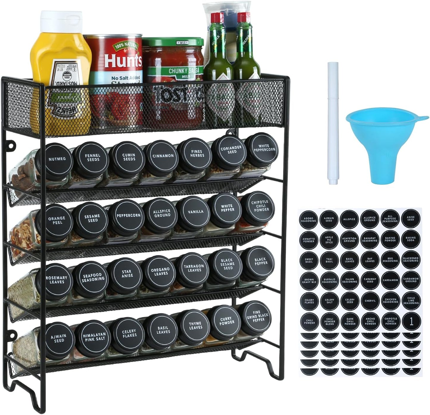 Skiileor Spice Rack Organizer with 28 Spice Jars, Black Lids，Spice Labels, Chalk pen and Funnel Set for Cabinet, Countertop, Pantry, Cupboard or Wall Mount