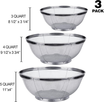 3 Pack Strainers for Kitchen, 18/8 Stainless Steel Colander, Fine Mesh Strainer for Pasta, Rice and Fruit, Sieve for Strain, Drain, Rinse or Steam (5-Quart, 4-Quart and 3-Quart)