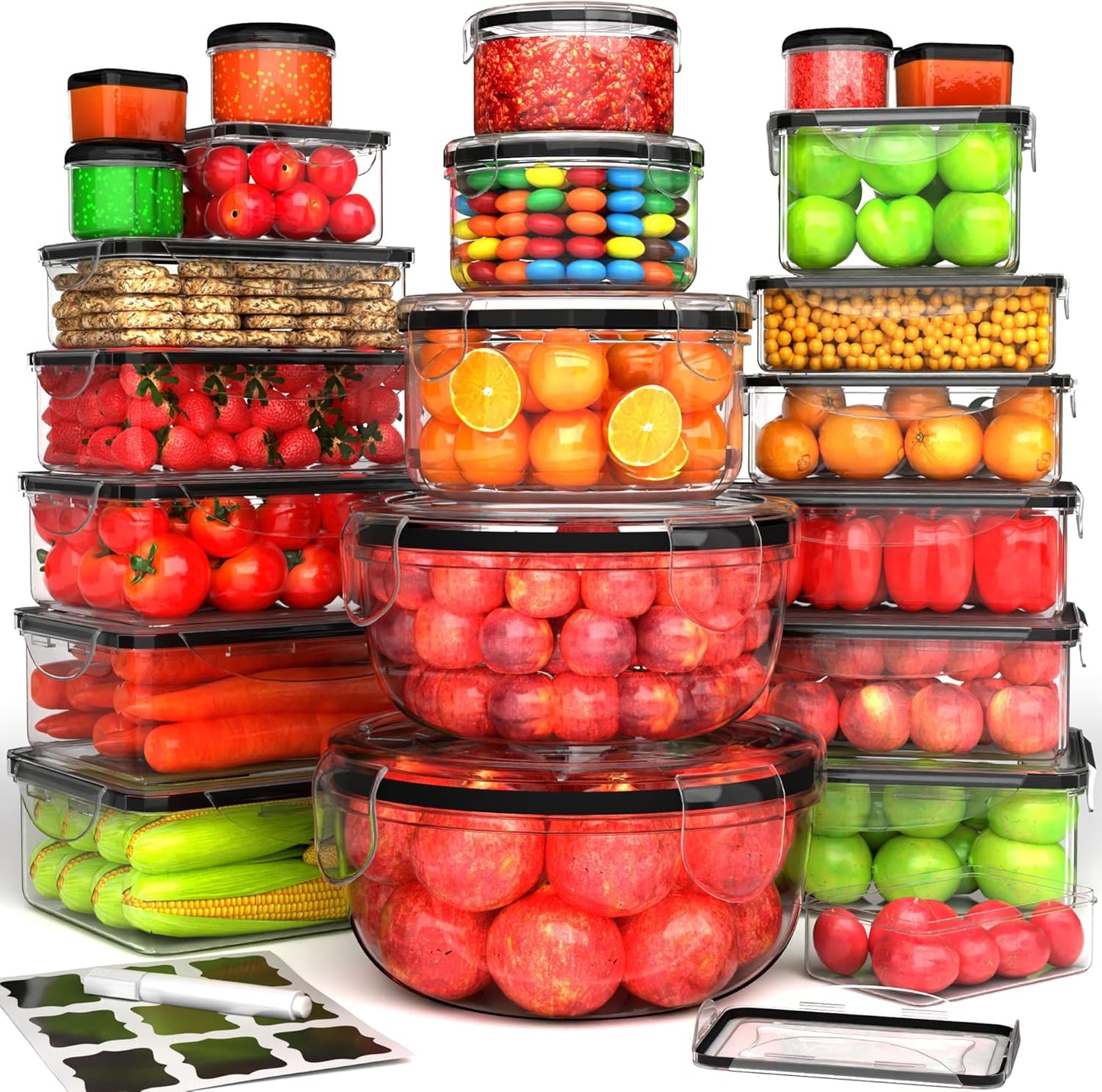 RockBerry 50 Pcs Large Food Storage Containers with Lids Airtight-85 OZ to small Containers-Total 526OZ Stackable Kitchen Set -BPA Free Leak proof containers- Freezer Microwave safe