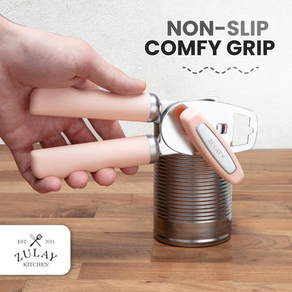 Zulay Kitchen Heavy Duty Stainless Steel Can Opener Manual with Bottle Opener - Rust Proof Manual Can Opener With Turn Knob & Comfy Soft Grip Handles - Black