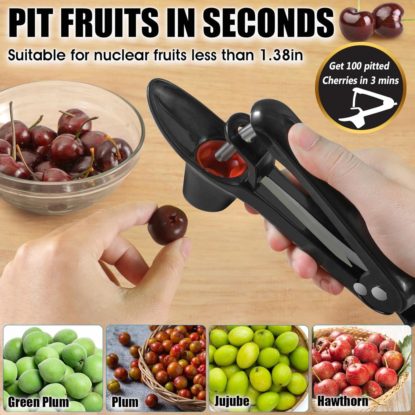 SCHVUBENR Cherry Pitter Tool - Stainless Steel Cherry Corer Pitter with Ergonomic Push Design - Easy to Use for Making Cherry Jam - Pit Cherry with Ease, Saving Time & Space with Lock Design(Red)