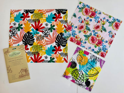 Beeswax Food Wraps (3-Pack S/M/L) – Reusable & Washable Food Storage Wraps, Plastic-Free Alternative for Sandwiches, Produce & Bowls