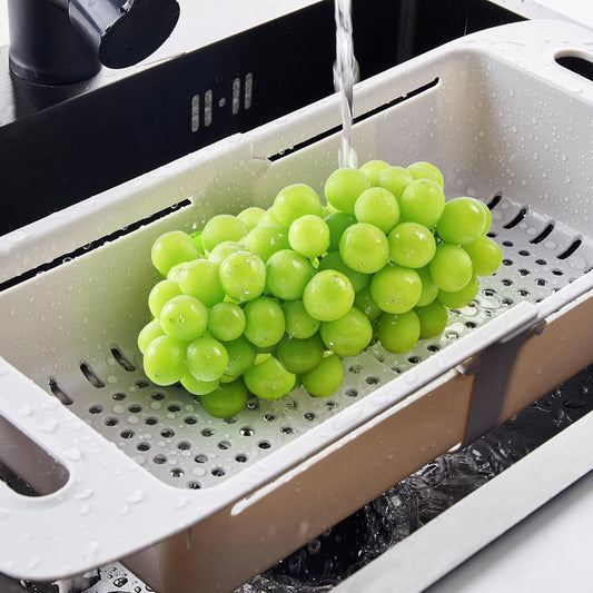 VECELO Expandable Over the Sink Colander Strainer Basket, Kitchen Strainers and Colanders for Washing Vegetables and Fruits, Draining Cooked Pasta, Drying Dishes, Gray