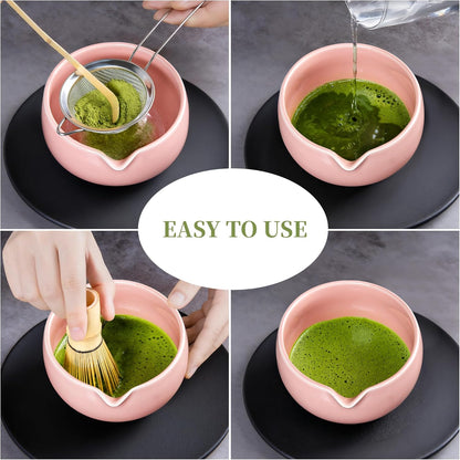 YIBO Matcha Whisk Set With Bowl, Ceramic Matcha Making Kit Includes Bamboo Whisk (Chasen), Holder Stand, Powder Starter Sifter, Scoop, Measuring Spoon & Cup Tea Tools For Ceremony (Mottled Green)