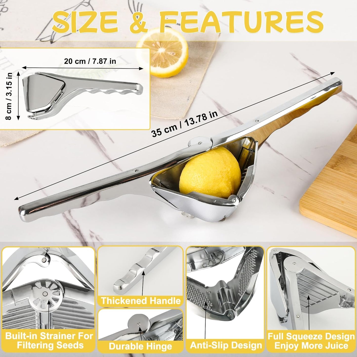 Lemon Squeezer, Stainless Steel Hand Flat Manual Juicer, Lime Press Handheld, Easy to Use Fruit Citrus Press for Lemons, Citrus, Lime, Orange (Silver)