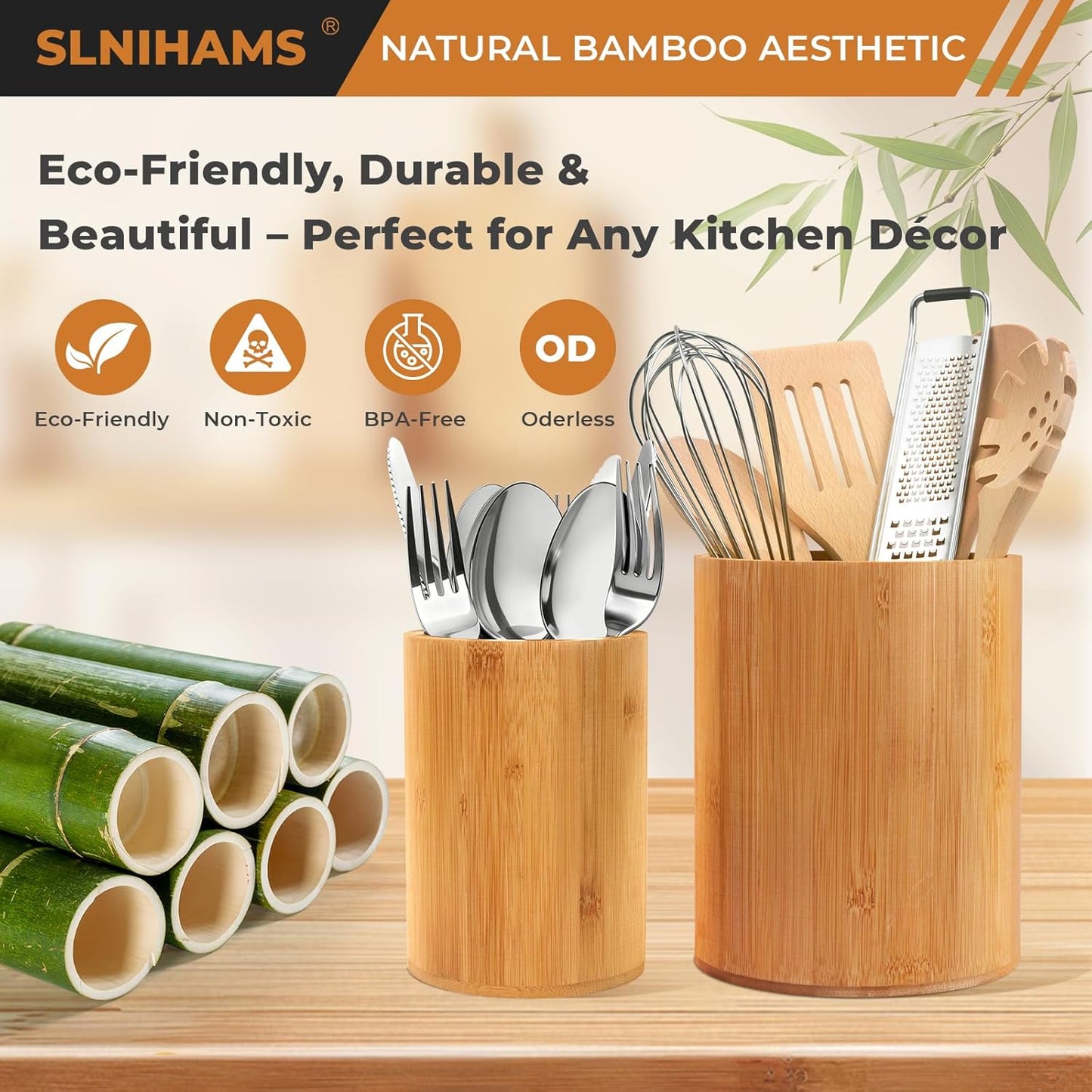 Bamboo Utensil Holder, Large Utensil Holders for Kitchen Counter, Bamboo Spoon and Chopstick Holder for Kitchen Decor, Flatware and Spatula Storage Organizer, for Countertop, Pantry and Bathroom