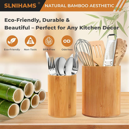Bamboo Utensil Holder, Large Utensil Holders for Kitchen Counter, Bamboo Spoon and Chopstick Holder for Kitchen Decor, Flatware and Spatula Storage Organizer, for Countertop, Pantry and Bathroom
