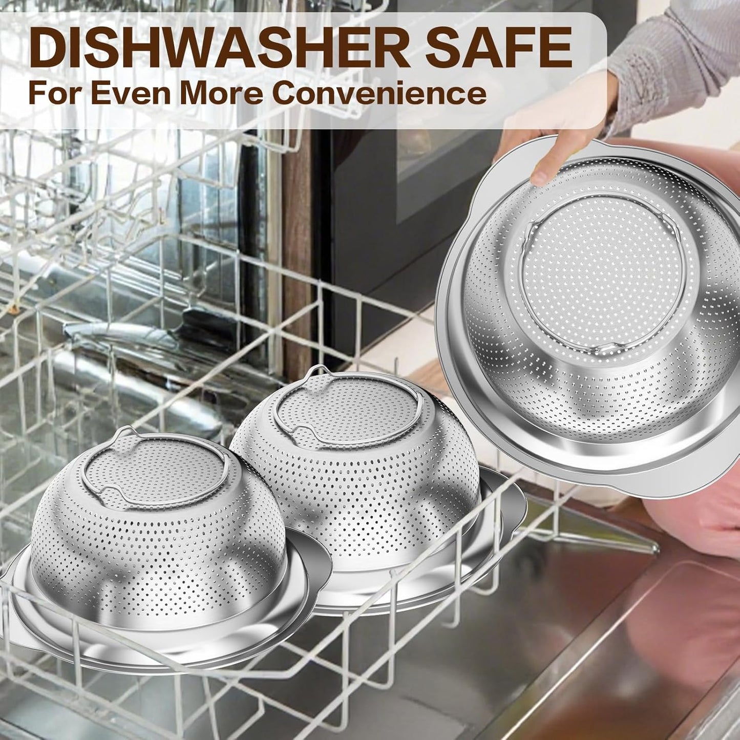 Stainless Steel Strainer with Mixing Bowl, Rice Washer, Colander for Kitchen, Rice Strainer, Fruit and Vegetable Wash, Microporous Colander, Fruit Cleaner Bowl, Dishwasher Safe
