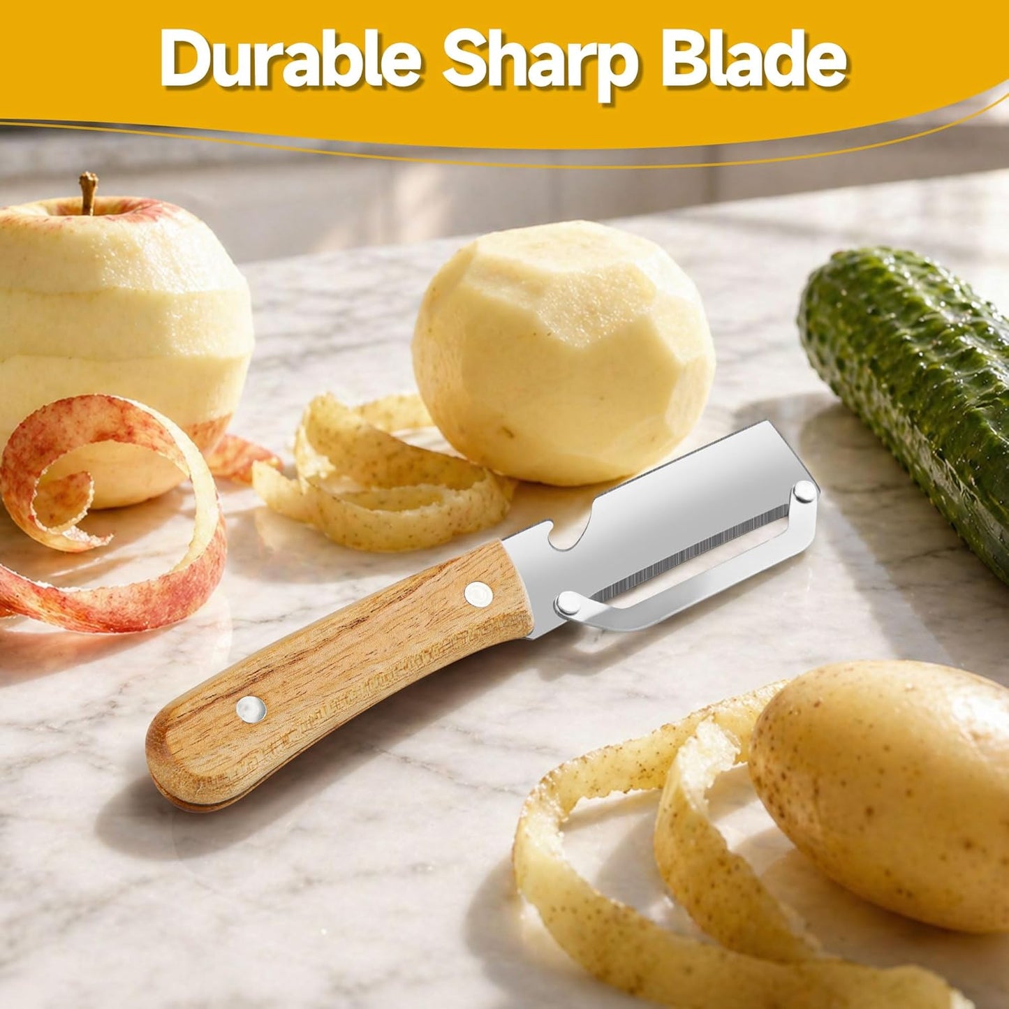 Multifunctional Vegetable Peeler, 2-in-1 kitchen peeler equipped with bottle opener, Zero Snag Wooden Kitchen Tool, Stainless Steel Peelers for Kitchen, Suitable for Fruits and Vegetables (1PCS)