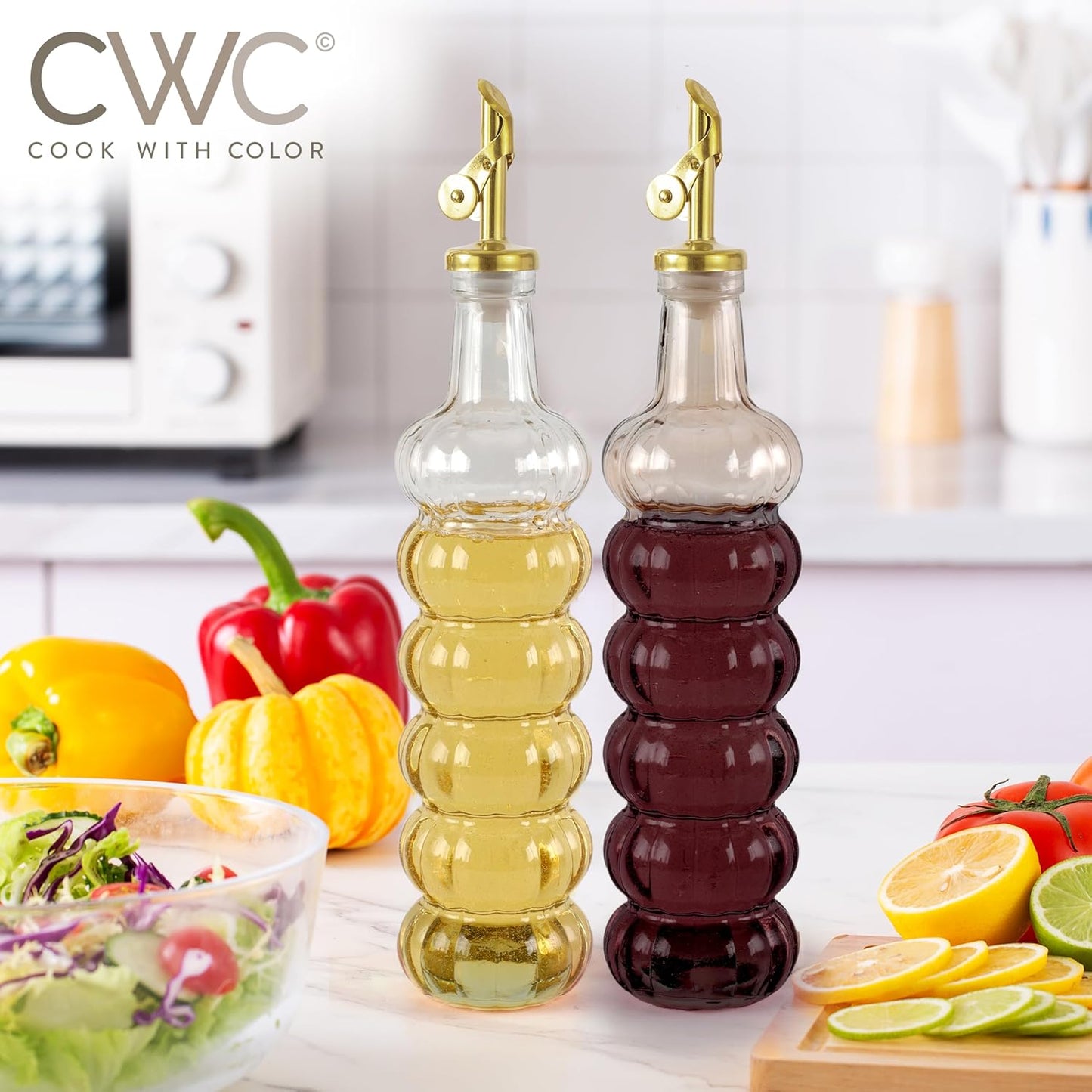 COOK WITH COLOR Glass Olive Oil Bottle Dispenser - 2 Pack- 17oz Oil and Vinegar Cruet - Olive Oil Carafe Decanter for Kitchen, Elegant Waves, Clear
