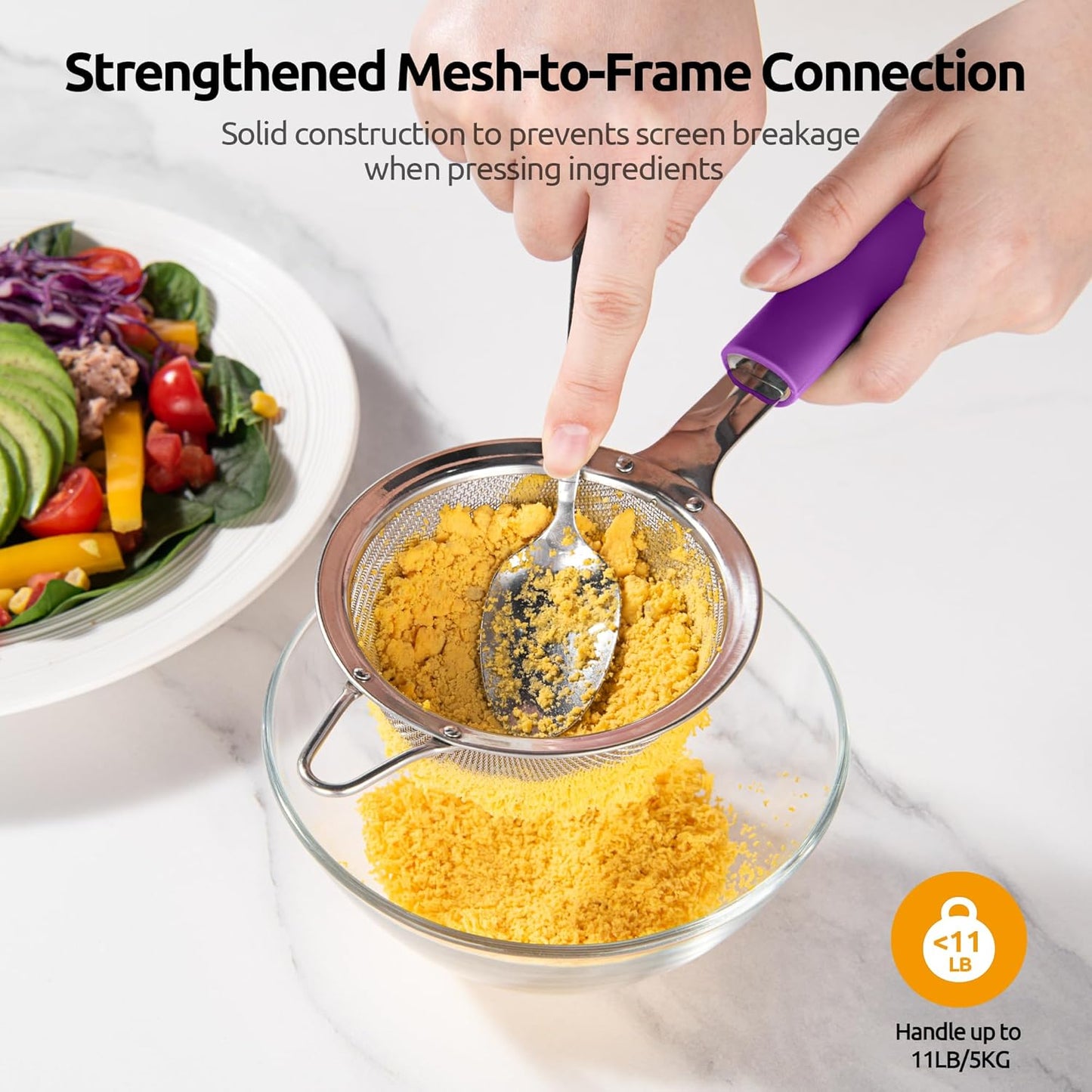 U-Taste Medium Fine Mesh Strainer: 18/8 Stainless Steel 4.73in 30 Mesh Kitchen Food Sieve with Sturdy Riveted Silicone Handle, Heavy Duty Deep Handheld Metal Colander for Rice, Quinoa, Flour (Black)